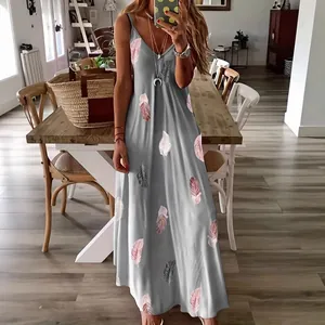 Elegant grey V-neck sleeveless maxi dress with pink feather print and spaghetti straps
