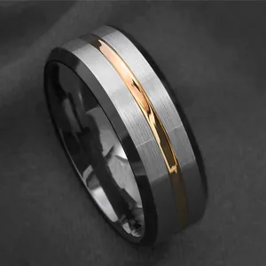 Minimalist titanium steel ring with brushed silver finish, black edge and gold stripe