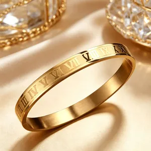 Stainless Steel Roman Numeral Bangle For Women Men Polished Electroplated Fashion Jewelry Cuff Bracelet Daily Wear Gift