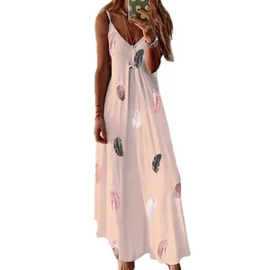 Elegant peach pink V-neck long slip dress featuring a delicate feather print for summer