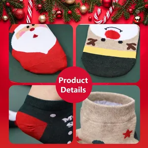 Festive Christmas socks for kids featuring Santa and reindeer cartoon designs.