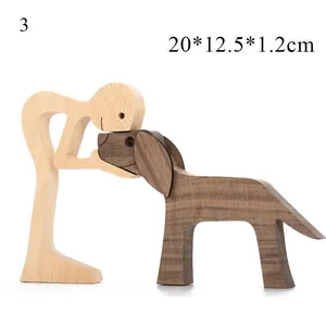 Handcrafted minimalist wooden sculpture of a person and dog, Nordic style desk ornament