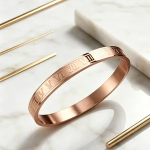 Elegant 8mm rose gold stainless steel bangle with Roman numeral engraving for men and women