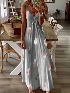 Summer sleeveless light blue V-neck maxi dress with pink and grey feather print