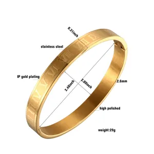 Detailed view of gold stainless steel Roman numeral bangle with precise measurement specs
