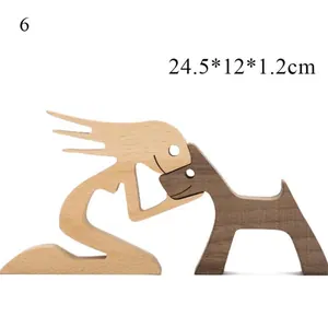 Handcrafted minimalist wooden sculpture of a person hugging a dog, Nordic home decor