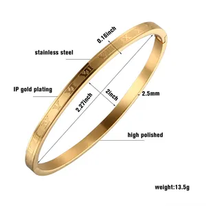 Detailed dimensions of a gold-plated stainless steel Roman numeral bangle bracelet.