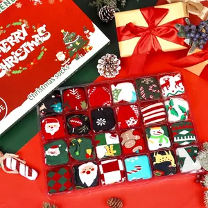 Close-up of 24-day Christmas socks advent calendar with festive patterns