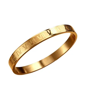 Elegant gold-plated stainless steel bangle with engraved Roman numerals 8mm width