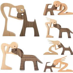 Nordic Nordic Minimalist Wooden Dog and Human Interaction Ornaments Beechwood Black Walnut Carved Craft Home Desktop Decor