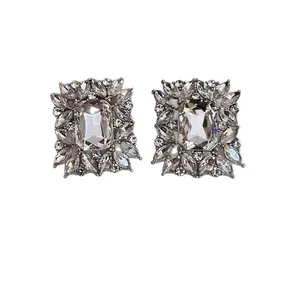 Elegant vintage style clear zircon stud earrings with rectangular crystal cluster design