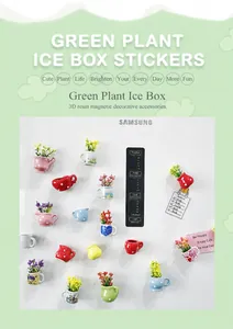 Close-up of colorful 3D ceramic vase refrigerator magnets with artificial flowers