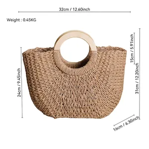 Detailed dimensions of a vintage woven straw handbag featuring round wooden handles.