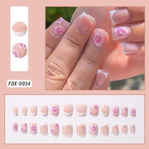 24-tlg. elegante kurze eckige Kunstnägel mit rosa Hibiskusblüten und klassischem French-Design
