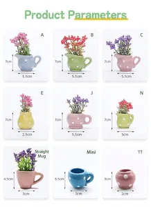 Detailed dimension chart for mini ceramic flower pots with multiple style options
