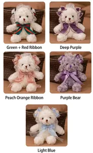 Various Lolita style teddy bears with lace and colorful ribbons in a collage view