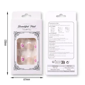 Detailansicht der Verpackung von 24 rosa-weißen Blumen-French-Nägeln inklusive der Maßeangaben