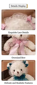 Detailed close-up of a Lolita style teddy bear with intricate lace and satin ribbons