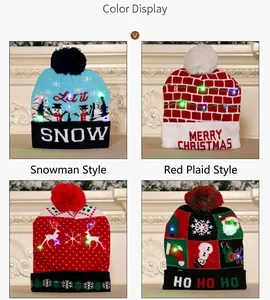 Various Christmas LED light-up beanie hats with festive patterns and pom-poms