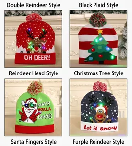 Colorful LED lighted Christmas knitted beanies featuring reindeer and Santa motifs