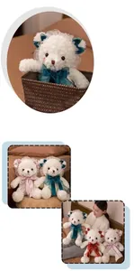 Close-up of Lolita-style teddy bear plush toy with delicate lace and colorful ribbons