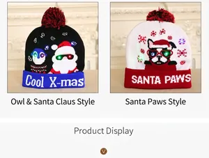 Detail view of colorful LED glowing knitted Christmas beanies showing two cartoon styles