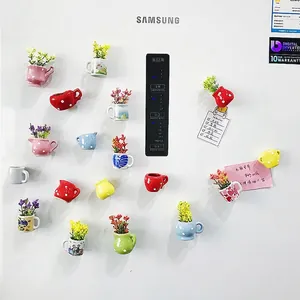 Mini 3D Artificial Plant Synthetic Resin Fridge Magnets Cute Ceramic Look Flower Pot Refrigerator Magnetic Home Decorations