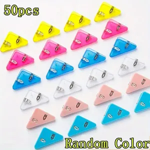 Detailed macro view of 50pcs multi-colored triangular plastic paper corner clips