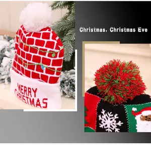 Close-up of festive LED glowing Christmas beanie with colorful pom-pom and patterns