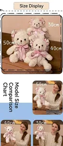 Size comparison of three white Lolita teddy bear plush toys in 30cm 40cm 50cm sizes