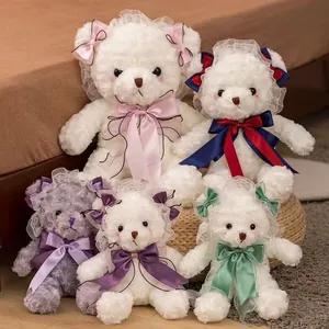 Sweet Lolita Teddy Bear Plush Toy With Lace Headband And Satin Bow Ribbon Small Soft Stuffed Animal Doll For Girls Room Decor