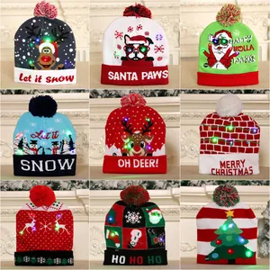Festive LED Light Up Christmas Knitted Beanie Hat Colorful Flashing Santa Reindeer Snowman Pattern Winter Warm Hat For Party