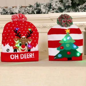 Luminous LED knitted Christmas beanies with reindeer and tree patterns
