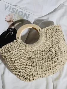 Minimalist retro straw woven beach bag with round wooden handles and large capacity
