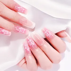 Lange quadratische rosa-weiße French-Tip-Nägel zum Aufkleben mit floralen Mustern