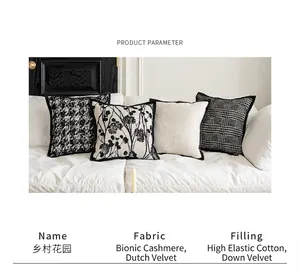Detailed view of four retro black and white cushion covers with varied textures.