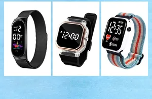 Comparison of three LED digital sports watches with metal mesh, silicone, and nylon straps.