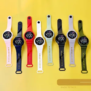 Collection of colorful LED digital sports watches for students on a yellow background