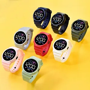 Detailed view of colorful LED digital sports watches for students in multiple colors