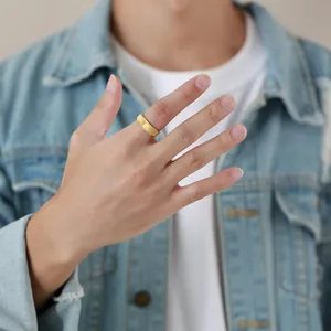 Elegant men's gold-plated tungsten steel band ring displayed on a male hand model