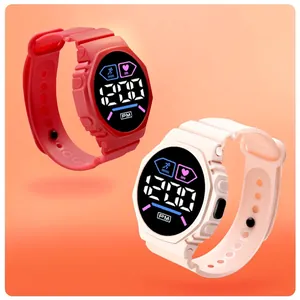 Macro view of red and white LED digital sport watches with heart rate display.