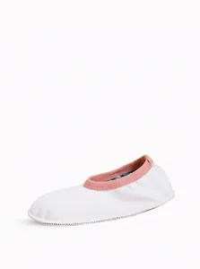 Soft indoor baby floor socks with pink trim for toddlers and infants.