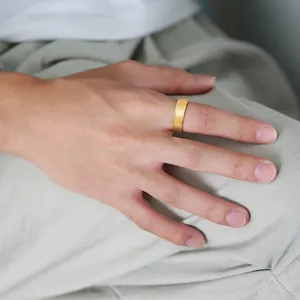 Close-up detail of a minimalist gold tungsten steel men's ring shown worn on the hand