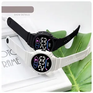 Detailed view of stylish colorful LED electronic watches in classic black and white