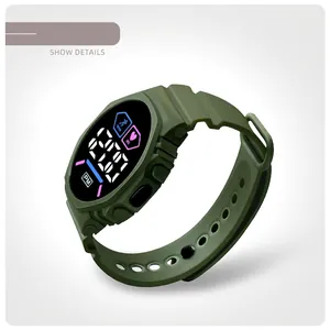 Detailed side view of military green LED digital sports watch for outdoor activities