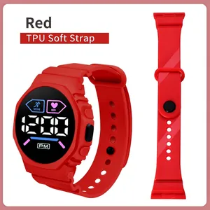 Stylish red LED digital sports watch with round black face and a soft red TPU wrist strap
