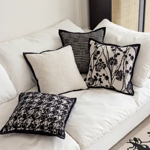Nordic Vintage Black And White Cushion Cover Square Jacquard Houndstooth Floral Throw Pillow Case For Sofa Home Decor