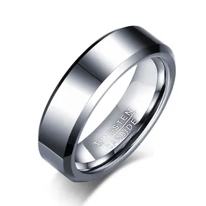 Polished tungsten steel men's ring with beveled edges and "Tungsten Carbide" engraving