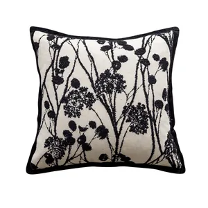 Vintage black and cream botanical embroidered throw pillowcase for sofa home decor