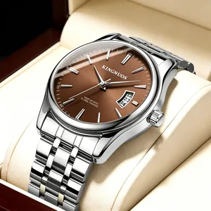 Professional KINGNUOS men's silver stainless steel watch featuring a brown dial and calendar